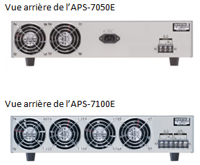 Vues arrière des alimentations de laboratoire APS-7050E et APS7000E